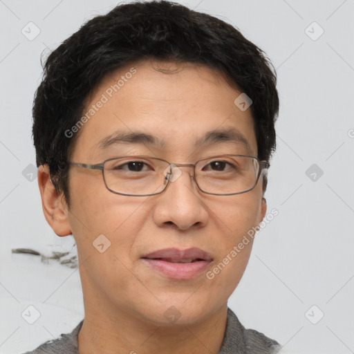 Joyful asian adult male with short  brown hair and brown eyes