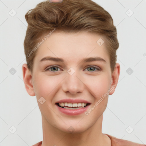 Joyful white young-adult female with short  brown hair and grey eyes