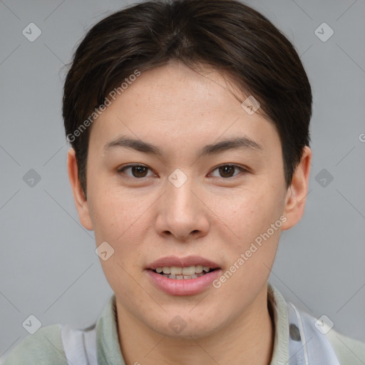 Joyful white young-adult female with short  brown hair and brown eyes