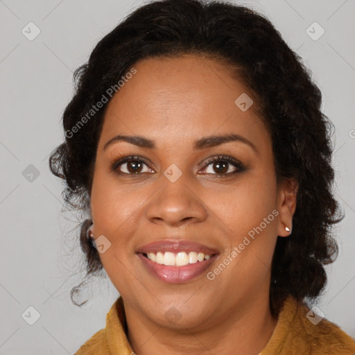 Joyful black young-adult female with medium  brown hair and brown eyes