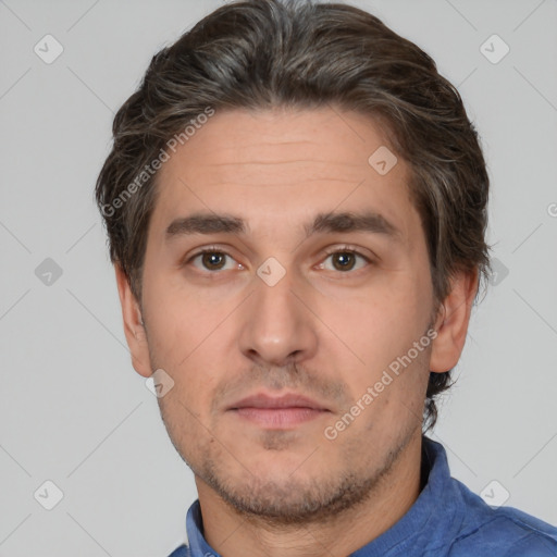 Neutral white adult male with short  brown hair and brown eyes