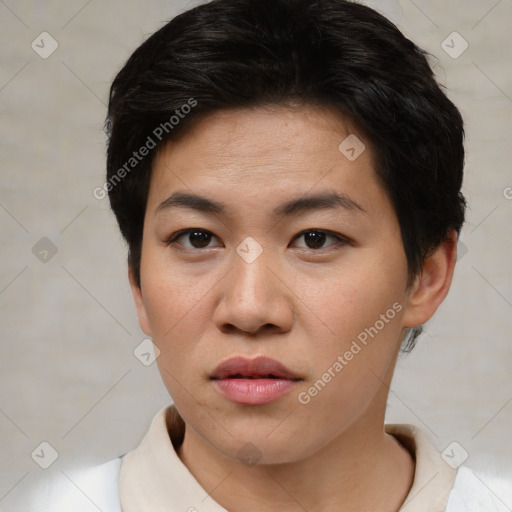 Neutral asian young-adult female with short  brown hair and brown eyes