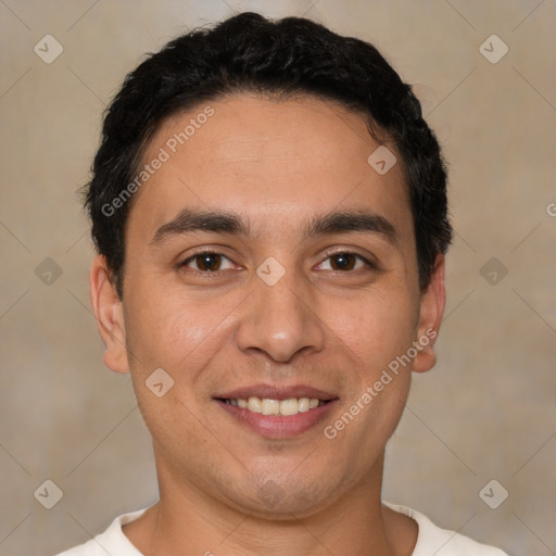 Joyful white young-adult male with short  black hair and brown eyes