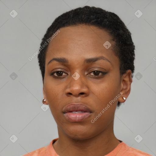 Neutral black young-adult female with short  black hair and brown eyes