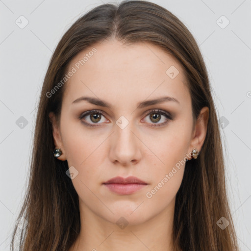 Neutral white young-adult female with long  brown hair and brown eyes