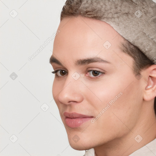 Neutral white young-adult female with short  brown hair and brown eyes