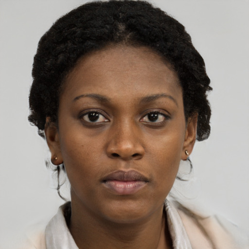 Neutral black young-adult female with short  brown hair and brown eyes