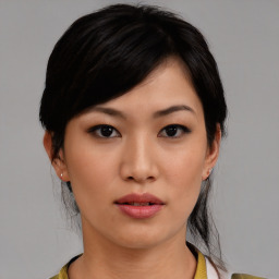 Neutral asian young-adult female with medium  black hair and brown eyes