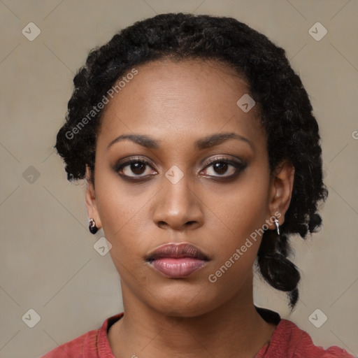 Neutral black young-adult female with short  black hair and brown eyes