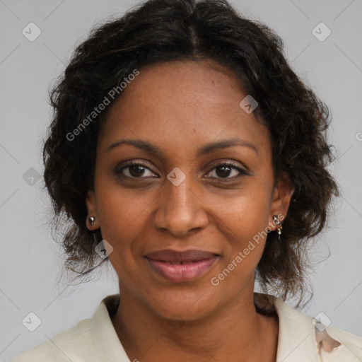 Joyful black adult female with medium  brown hair and brown eyes