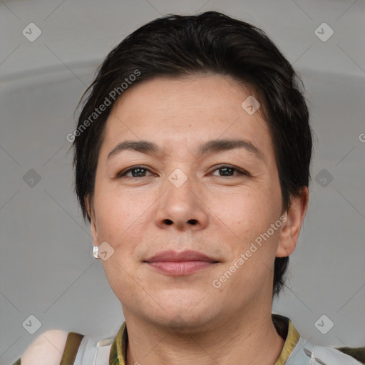 Joyful white adult female with medium  brown hair and brown eyes