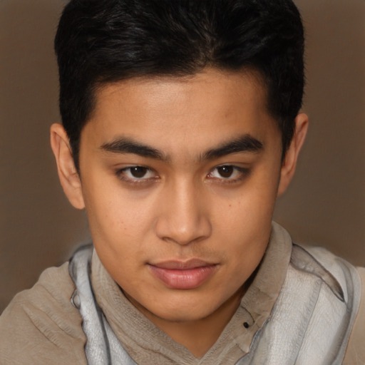 Joyful latino young-adult male with short  brown hair and brown eyes