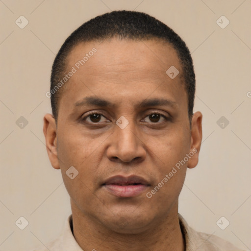 Neutral latino adult male with short  brown hair and brown eyes