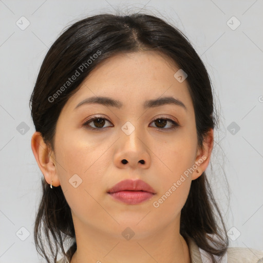 Neutral asian young-adult female with medium  brown hair and brown eyes