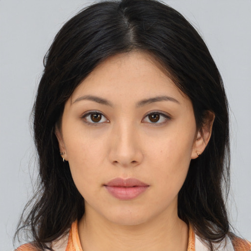 Neutral asian young-adult female with long  brown hair and brown eyes