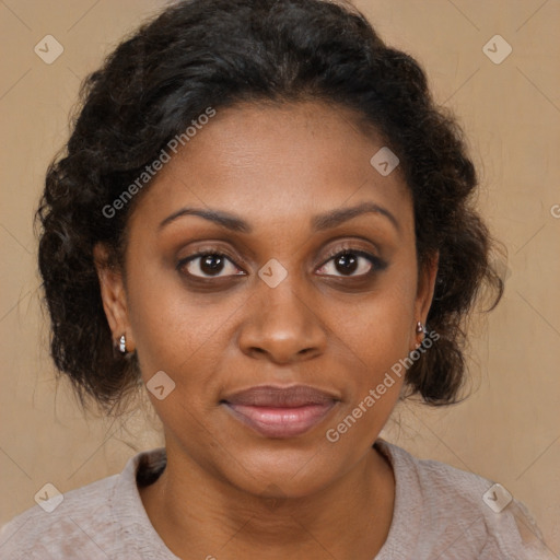 Joyful latino adult female with medium  brown hair and brown eyes