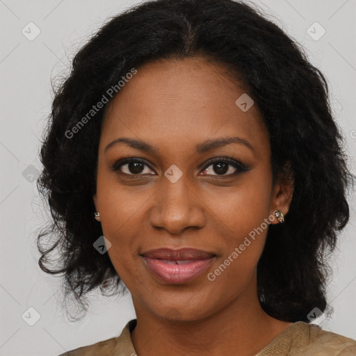 Joyful black young-adult female with long  brown hair and brown eyes