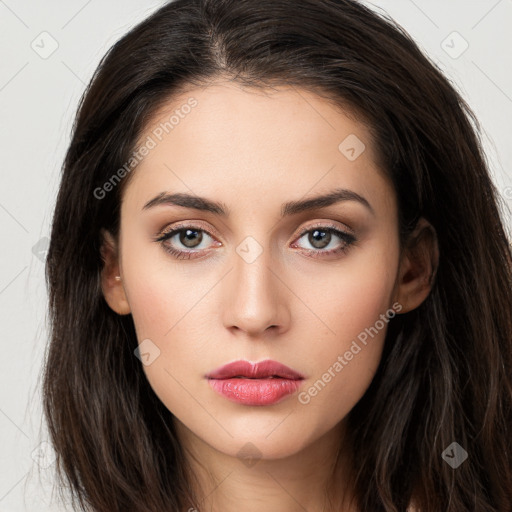 Neutral white young-adult female with long  brown hair and brown eyes