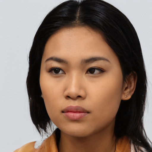 Neutral asian young-adult female with long  black hair and brown eyes