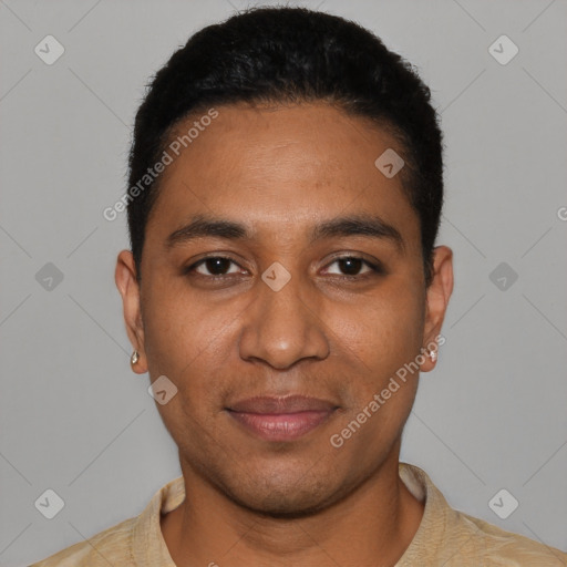 Joyful latino young-adult male with short  black hair and brown eyes