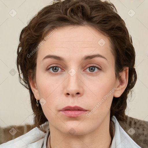 Neutral white young-adult female with medium  brown hair and grey eyes