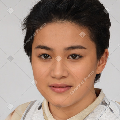 Joyful latino young-adult female with short  brown hair and brown eyes