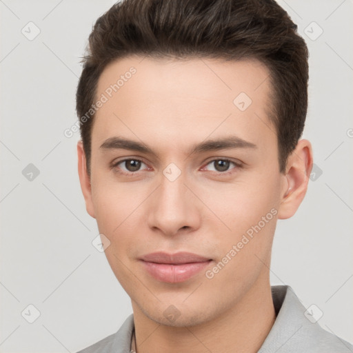 Neutral white young-adult male with short  brown hair and brown eyes