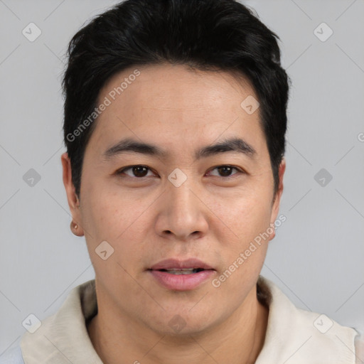 Neutral asian young-adult male with short  black hair and brown eyes