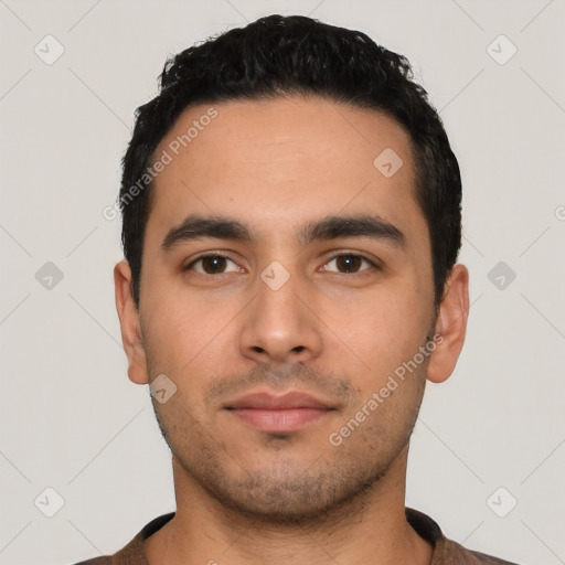 Neutral latino young-adult male with short  black hair and brown eyes