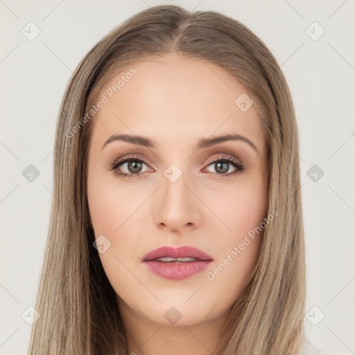 Neutral white young-adult female with long  brown hair and brown eyes