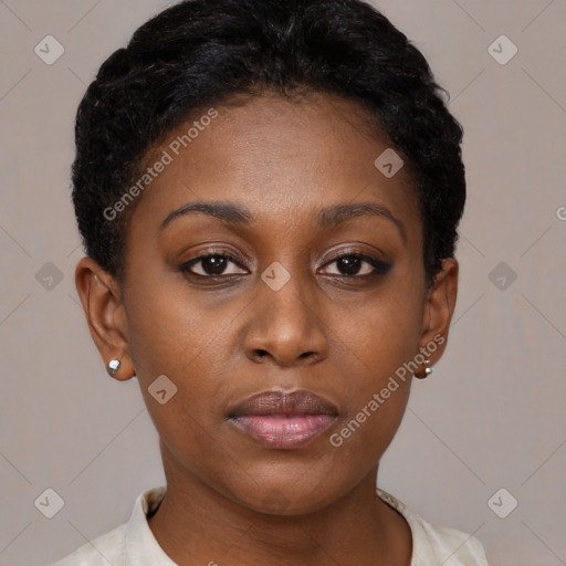 Neutral black young-adult female with short  brown hair and brown eyes