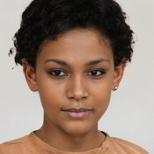 Neutral latino young-adult female with short  brown hair and brown eyes
