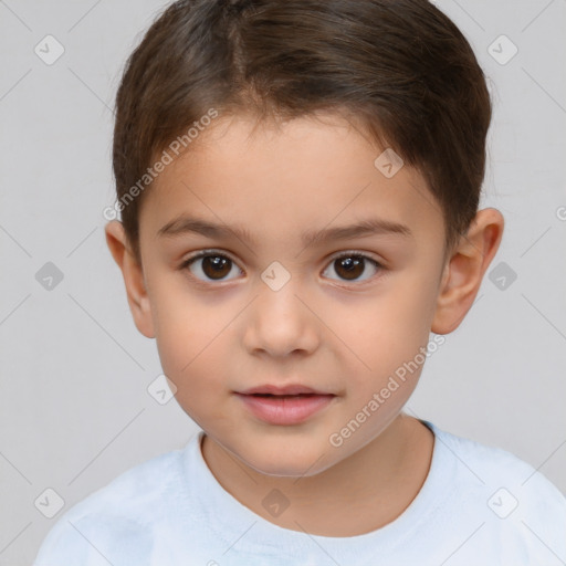 Joyful white child female with short  brown hair and brown eyes