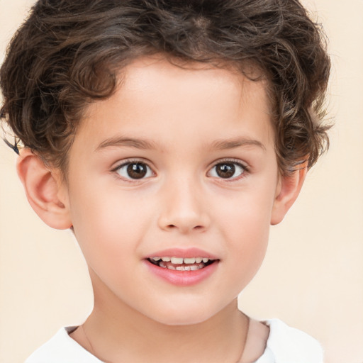 Joyful white child female with short  brown hair and brown eyes