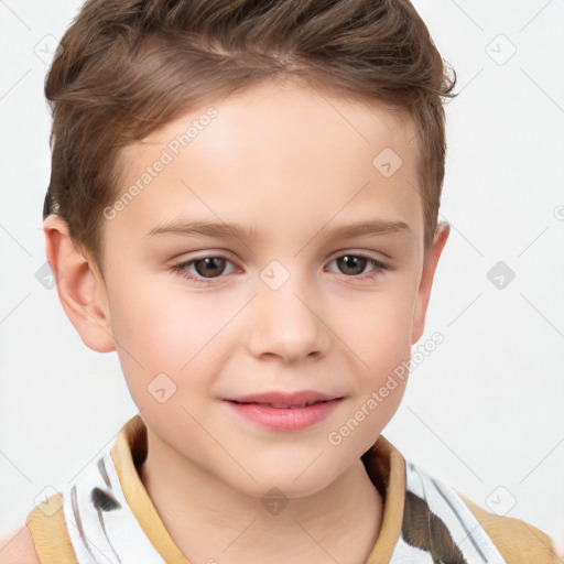 Joyful white child female with short  brown hair and brown eyes