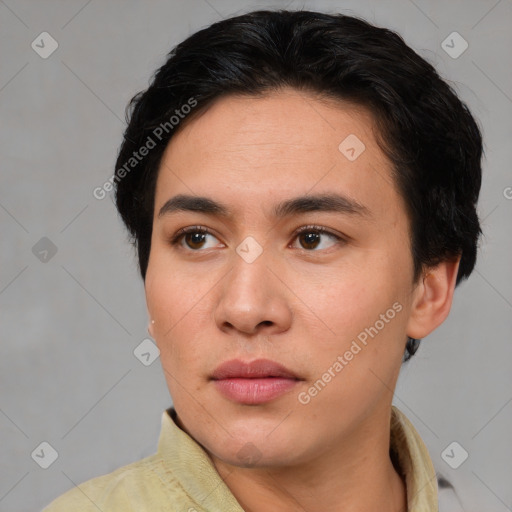 Neutral white young-adult female with short  brown hair and brown eyes