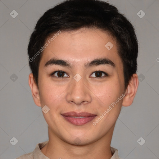 Joyful latino young-adult male with short  brown hair and brown eyes