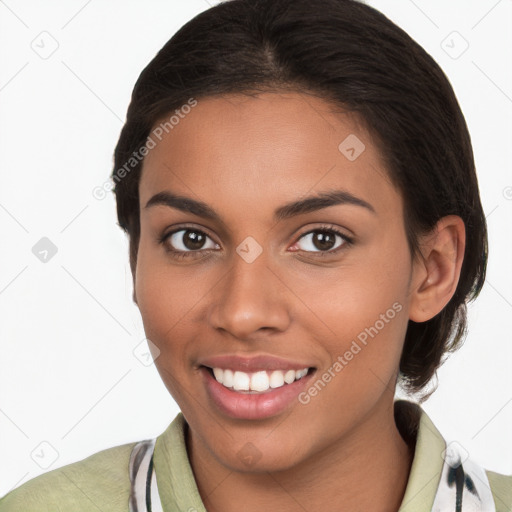 Joyful white young-adult female with medium  brown hair and brown eyes