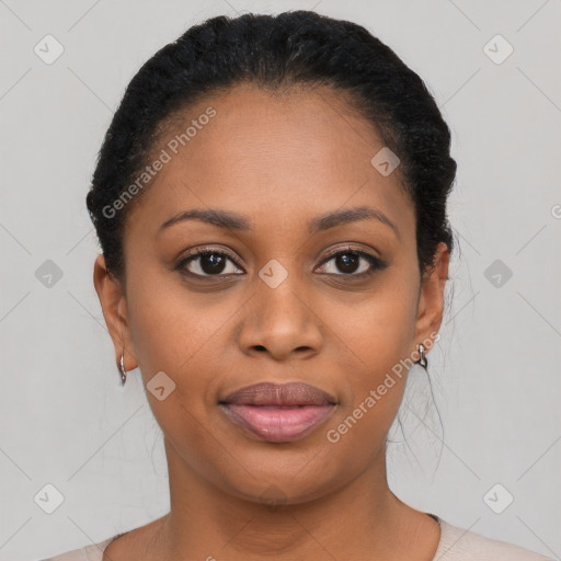 Joyful latino young-adult female with short  black hair and brown eyes