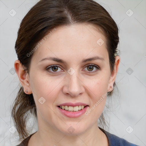 Joyful white young-adult female with medium  brown hair and grey eyes