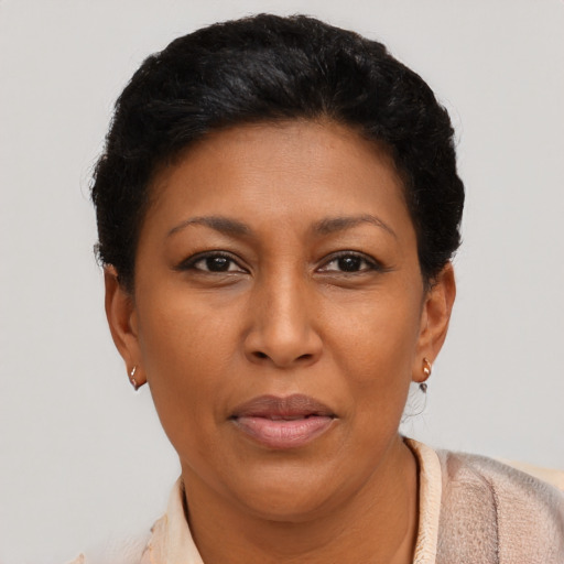 Joyful asian adult female with short  brown hair and brown eyes