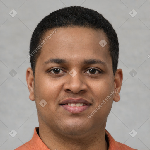 Joyful latino young-adult male with short  brown hair and brown eyes