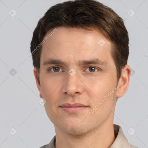 Neutral white young-adult male with short  brown hair and brown eyes