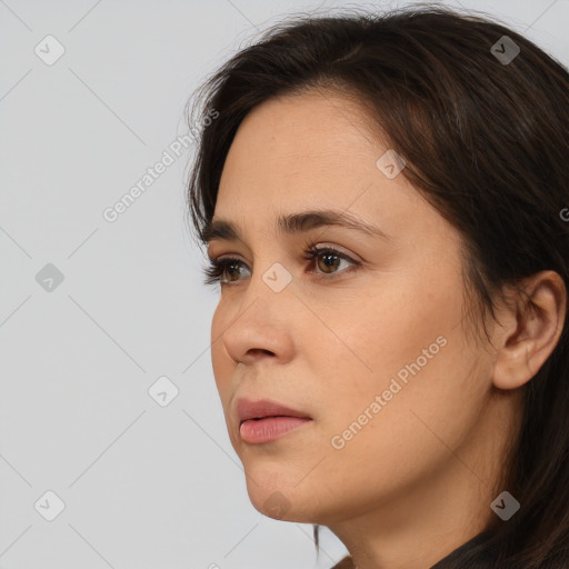 Neutral white young-adult female with short  brown hair and brown eyes