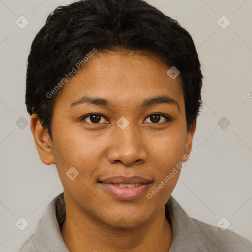 Joyful black young-adult female with short  brown hair and brown eyes