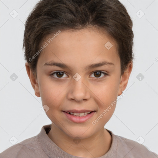 Joyful white child female with short  brown hair and brown eyes