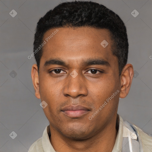 Neutral latino young-adult male with short  black hair and brown eyes