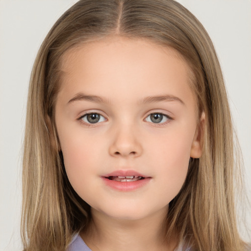 Neutral white child female with long  brown hair and brown eyes