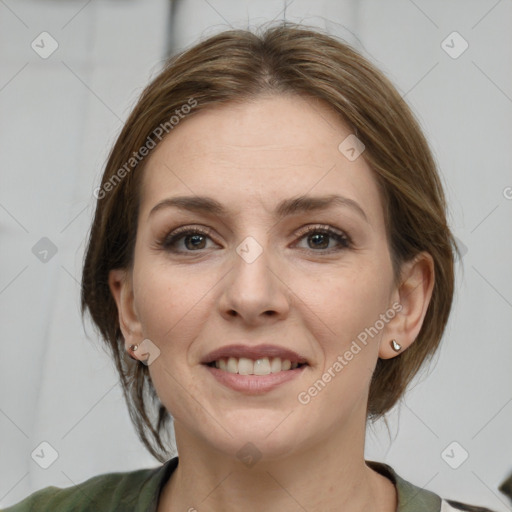 Joyful white young-adult female with medium  brown hair and grey eyes