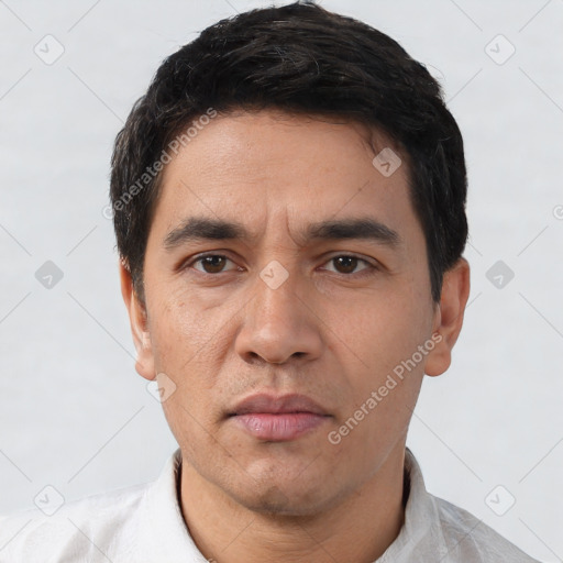 Neutral white adult male with short  black hair and brown eyes